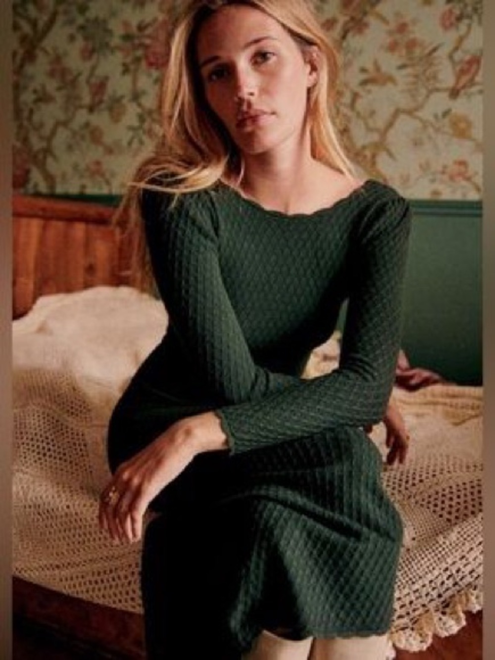 Sézane Thalia Knit Long Sleeve Textured Knit Dress - Dark Green